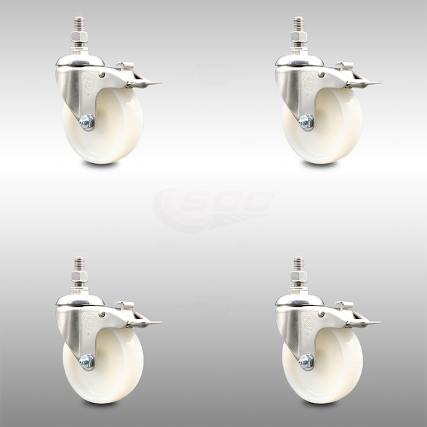 Service Caster 4 Inch 316SS Nylon Wheel Swivel 10mm Threaded Stem Caster Set Lock Brake SCC SCC-SS316TSTTL20S414-NYS-M1015-4 - main
